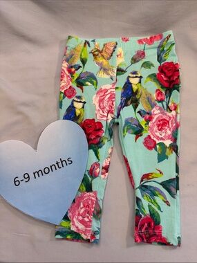 Monsoon by Next - Mint Floral & Bird Print Leggings with Pink Roses